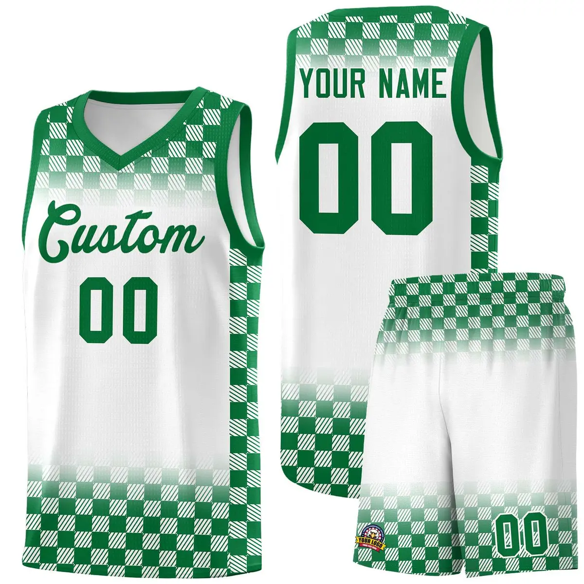White Kelly Green Plaid Basketball Jersey for Teams