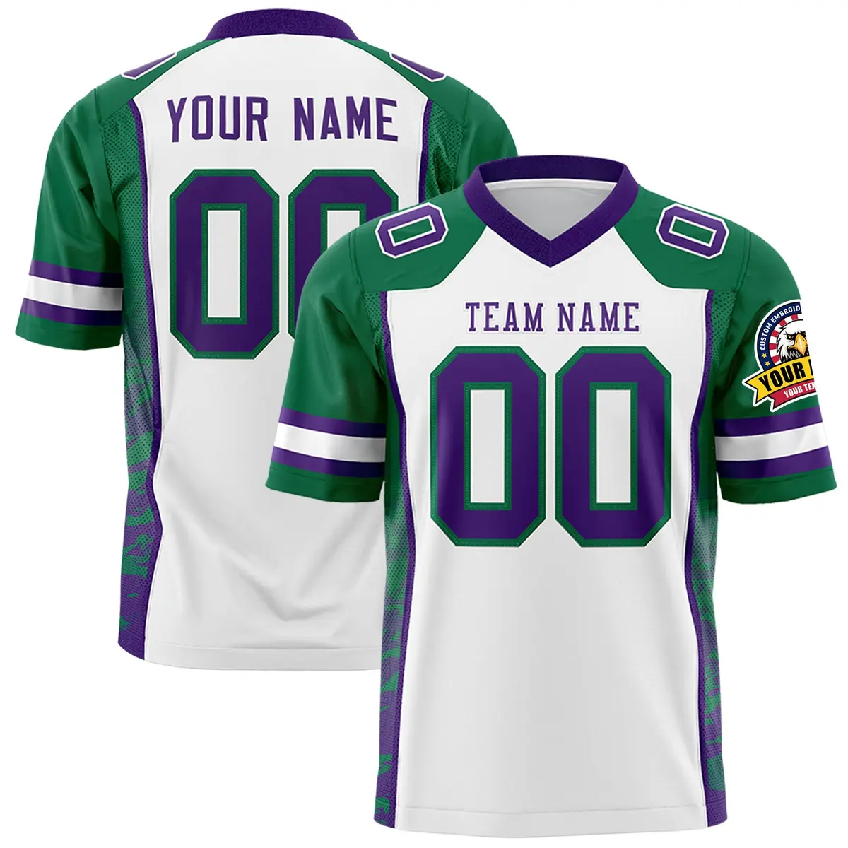 White Kelly Green Purple Raglan Side Pattern Football Jersey