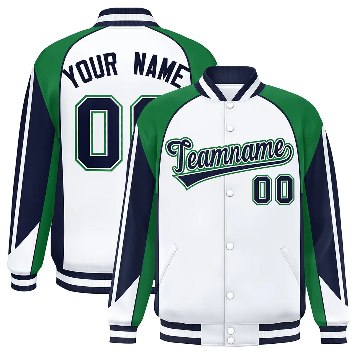 White Kelly Green Raglan Color Block Varsity Letterman Jacket