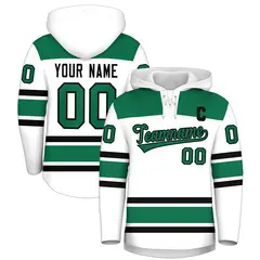 White Kelly Green Raglan Lace-Up Neck Hockey Hoodie Jersey