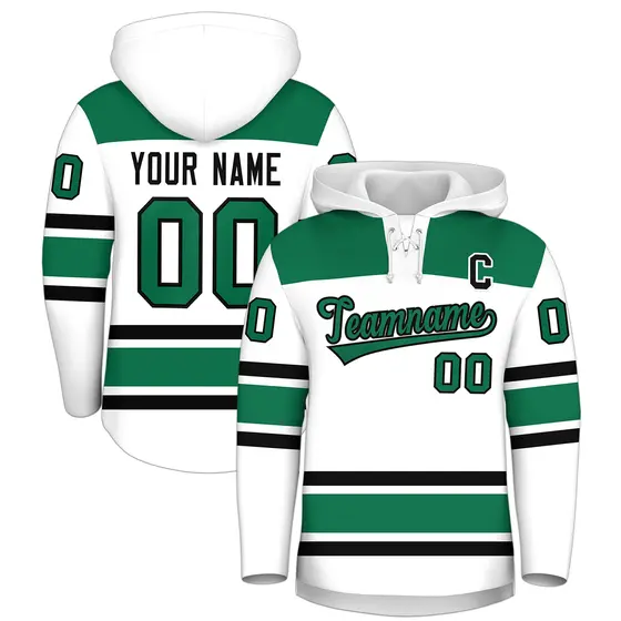 White Kelly Green Raglan Lace-Up Neck Hockey Hoodie Jersey