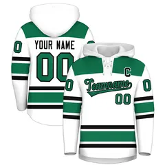 White Kelly Green Raglan Lace-Up Neck Hockey Hoodie Jersey 1