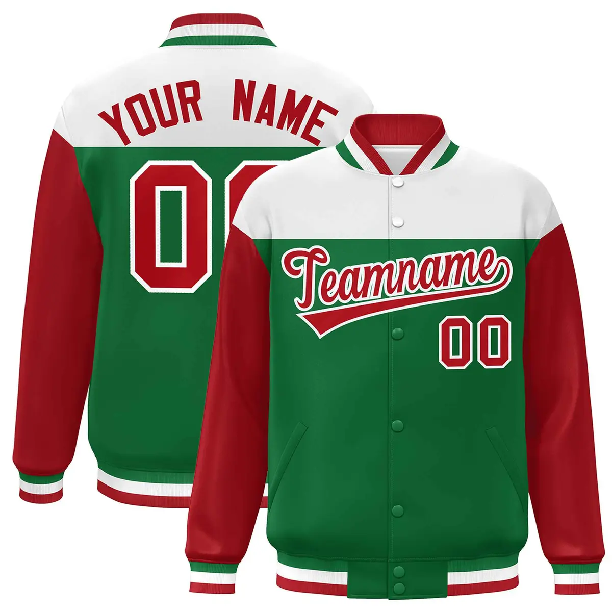 White Kelly Green-Red Color Block Letterman Full-Snap Baseball Jacket
