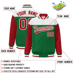 White Kelly Green-Red Color Block Letterman Full-Snap Baseball Jacket 2
