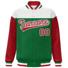 White Kelly Green-Red Color Block Letterman Full-Snap Baseball Jacket 3