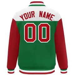 White Kelly Green-Red Color Block Letterman Full-Snap Baseball Jacket 4