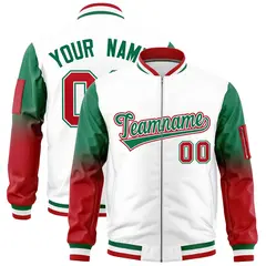 White Kelly Green-Red Raglan Gradient Full-Zip Varsity Letterman Bomber Jacket