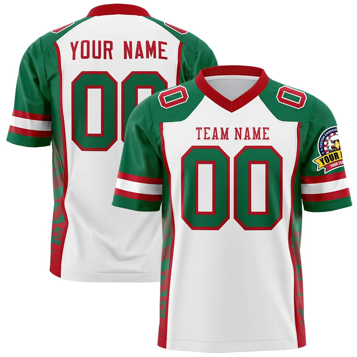 White Kelly Green-Red Raglan Side Pattern Football Jersey