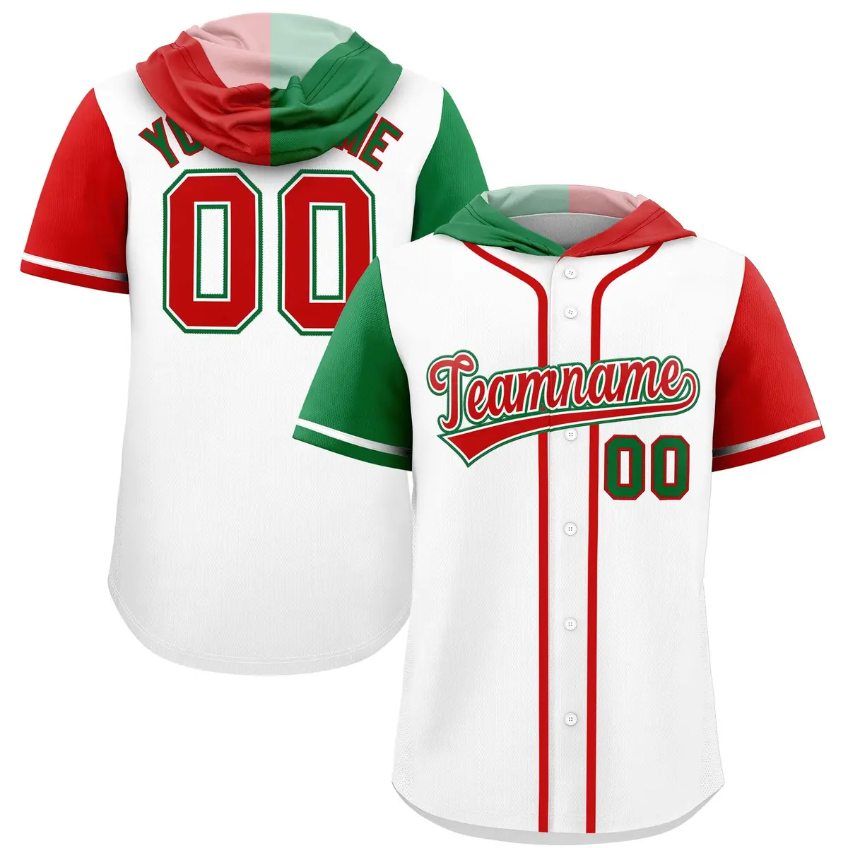White Kelly Green Red Split Raglan Baseball Hoodie Jersey