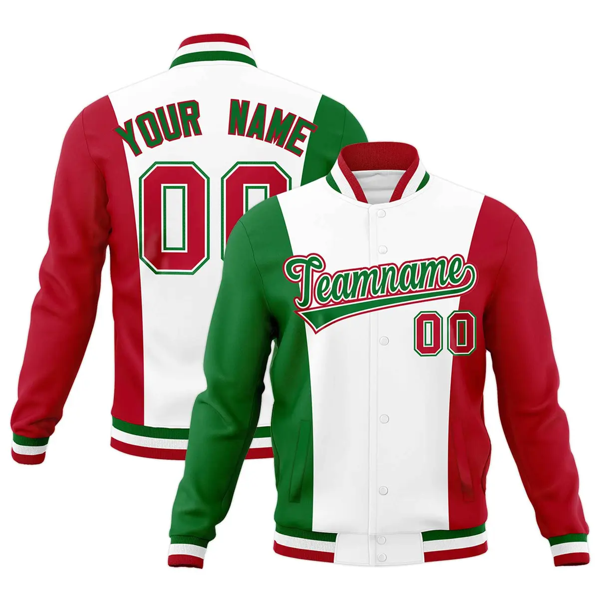 White Kelly Green Red Three Color Block Varsity Letterman Jacket