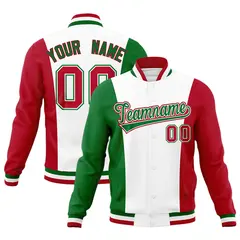 White Kelly Green Red Three Color Block Varsity Letterman Jacket