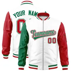 White Kelly Green Red Varsity Full-Zip Raglan Letterman Bomber Jacket