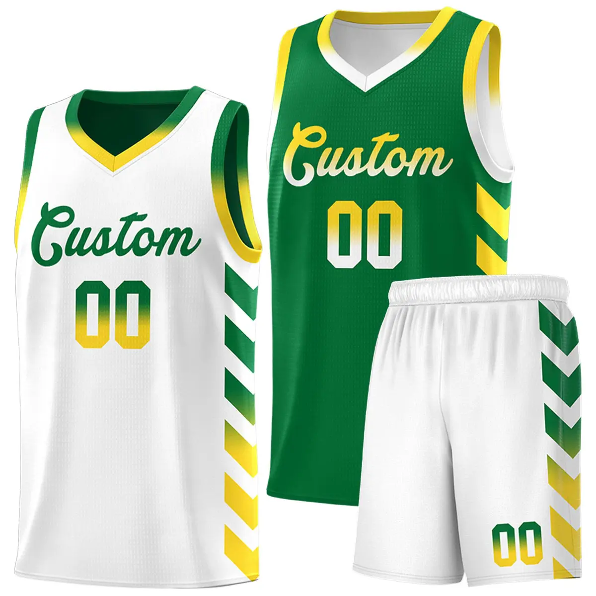 White Kelly Green Reversible Basketball Kits - Side Arrow Kelly Green Gold Gradient