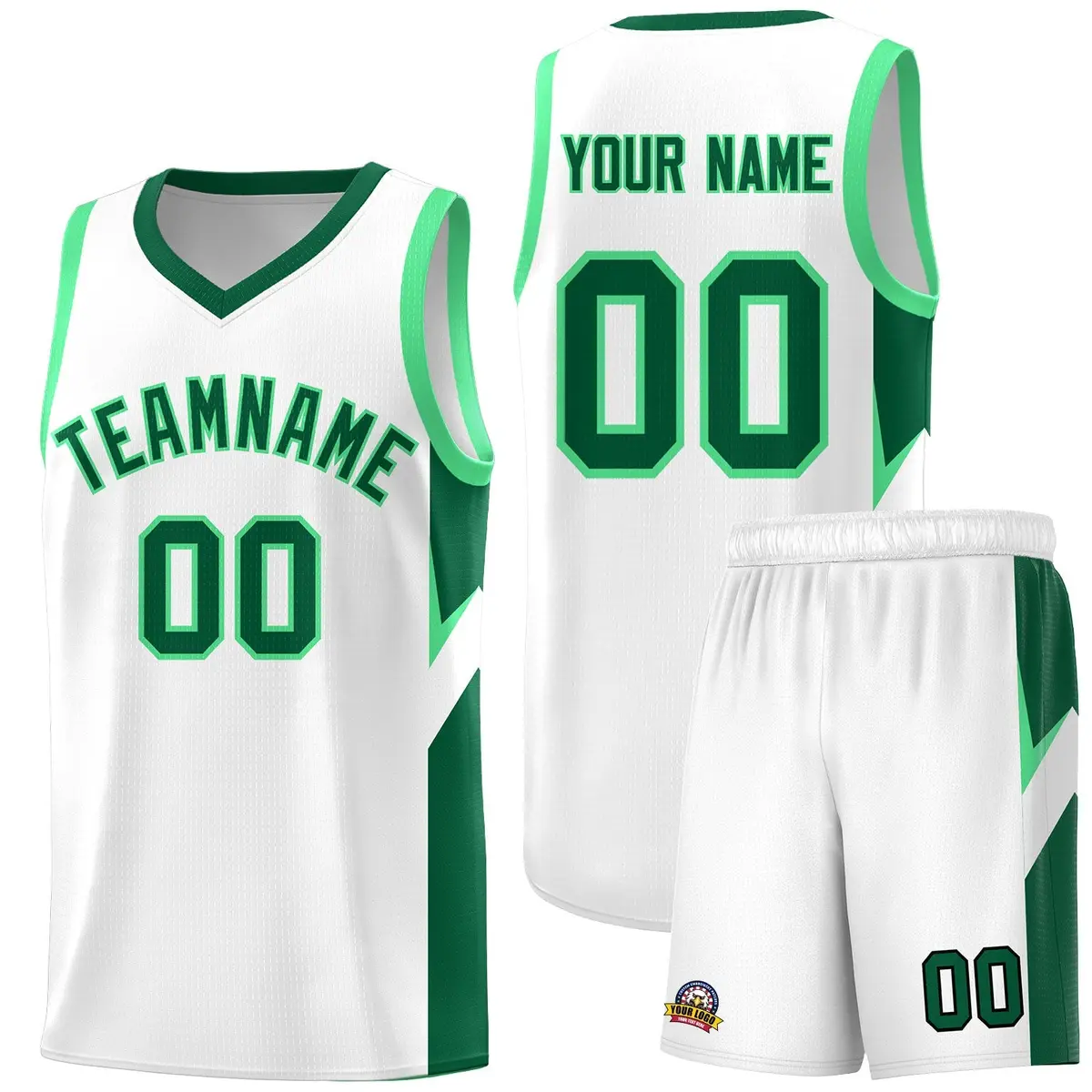 White Kelly Green Side Design Basketball Jersey Sets
