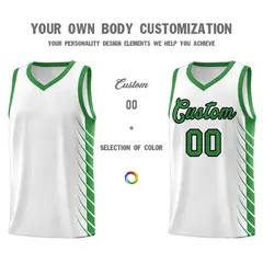 White Kelly Green Side Symmetrical Line Pattern Basketball Jersey 3