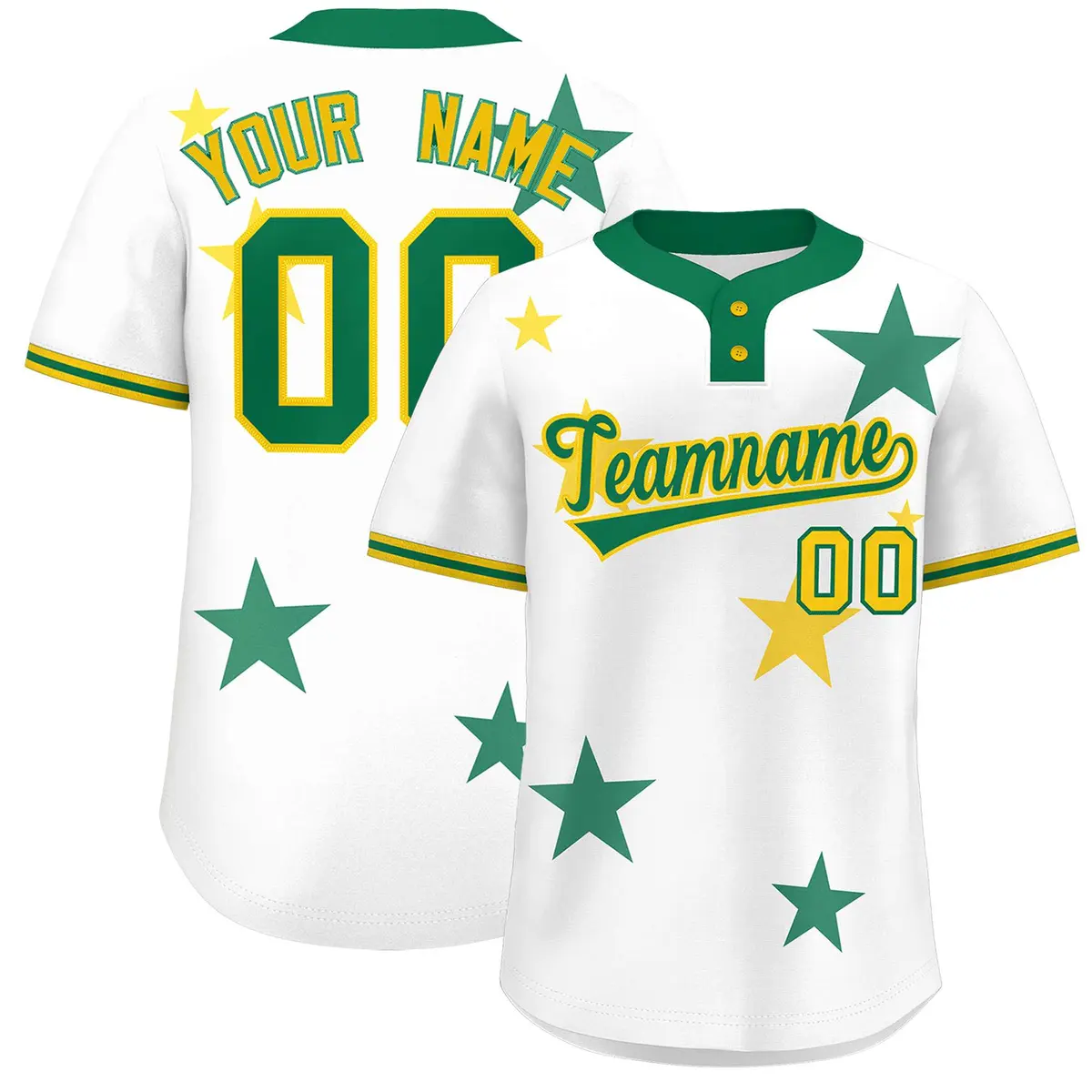 White Kelly Green Star Graffiti Two-Button Baseball Jersey