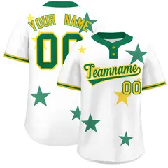White Kelly Green Star Graffiti Two-Button Baseball Jersey
