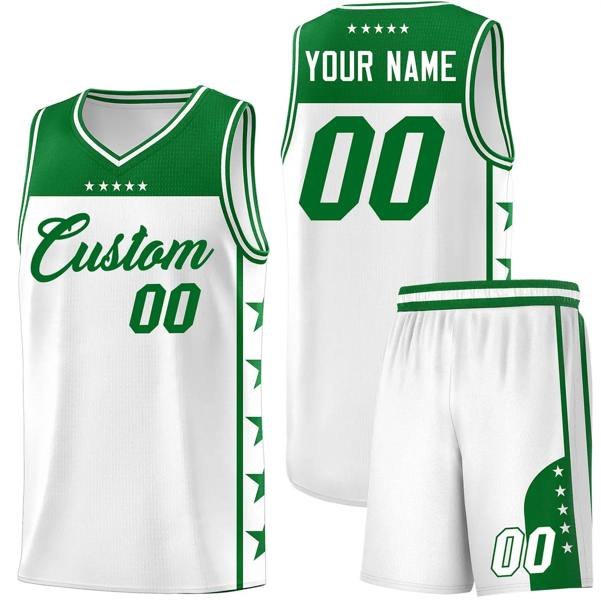 White Kelly Green Star Pattern Team Basketball Jersey