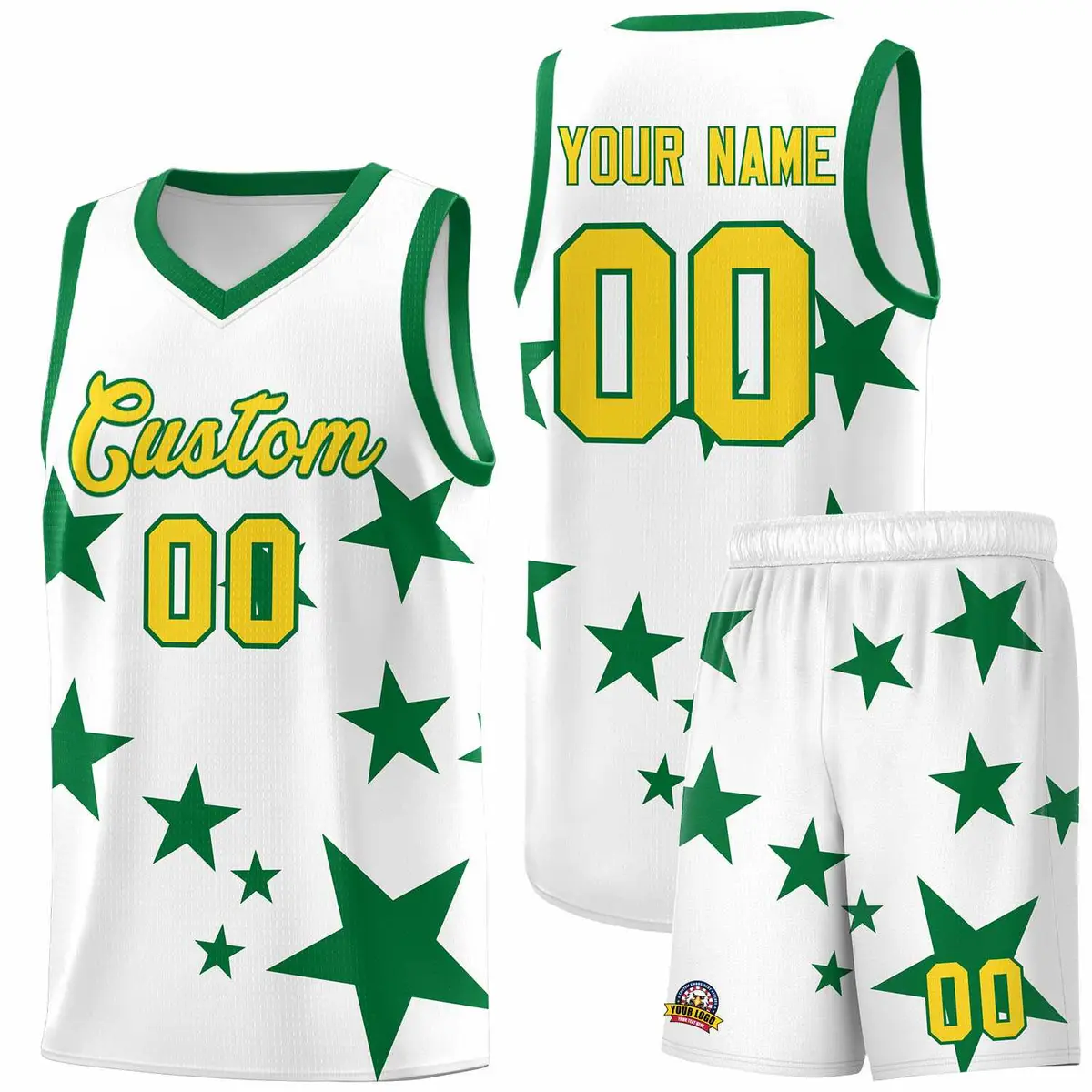 White Kelly Green Star Print Graffiti Basketball Jersey Sets