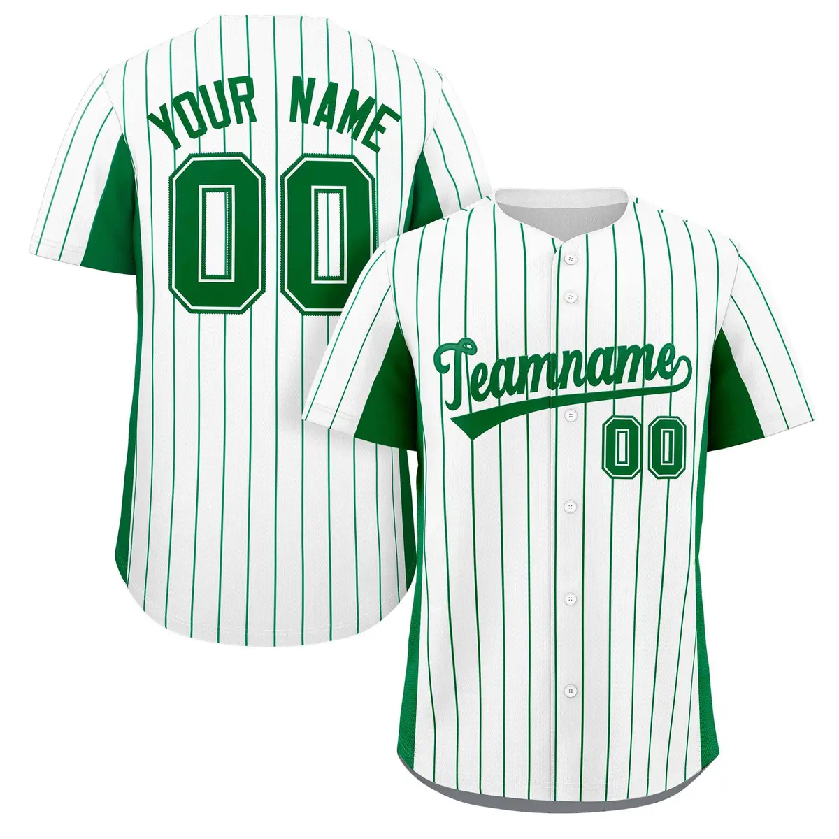 White Kelly Green Stripe Full Button Baseball Jersey