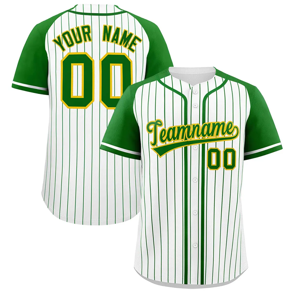 White Kelly Green Stripe Raglan Sleeves Baseball Jersey