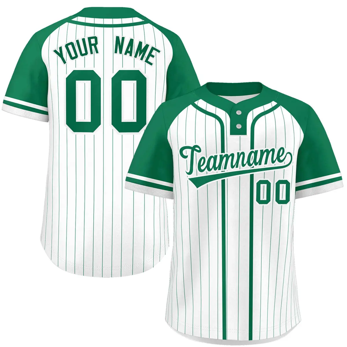 White Kelly Green Stripe Raglan Two-Button Softball Jersey