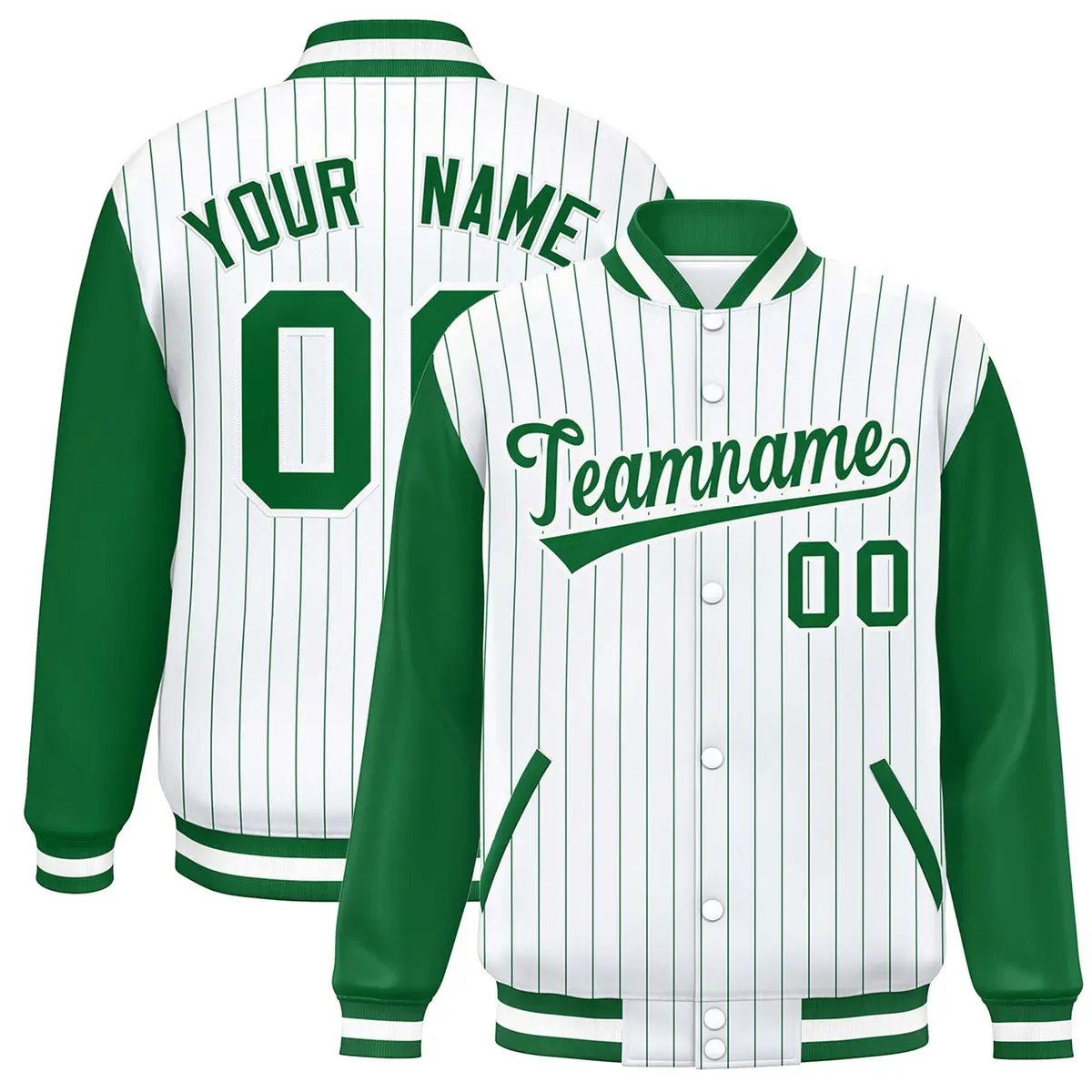 White Kelly Green Stripe Varsity Bomber Jacket Raglan Sleeves