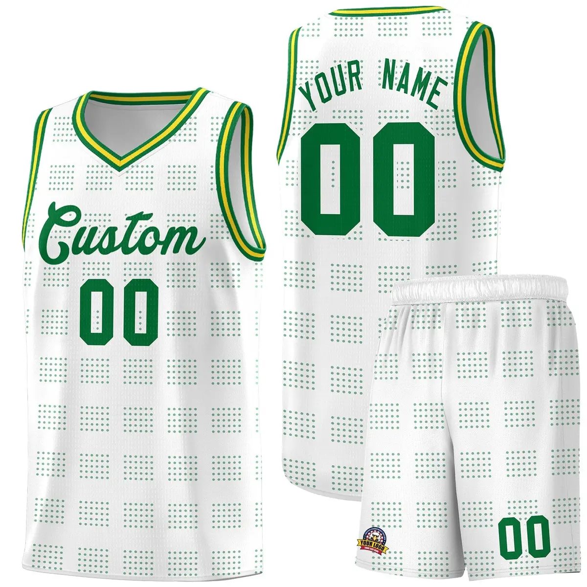 White Kelly Green Trailblazer Dot Pattern Basketball Jersey