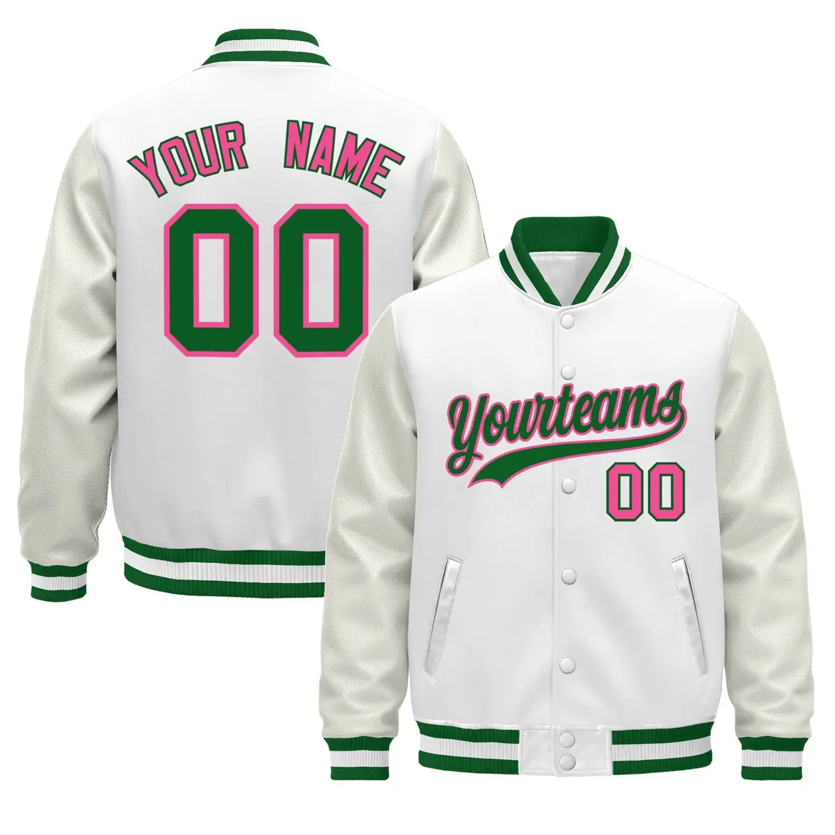 White Kelly Green Varsity Jacket with Faux Leather Sleeves