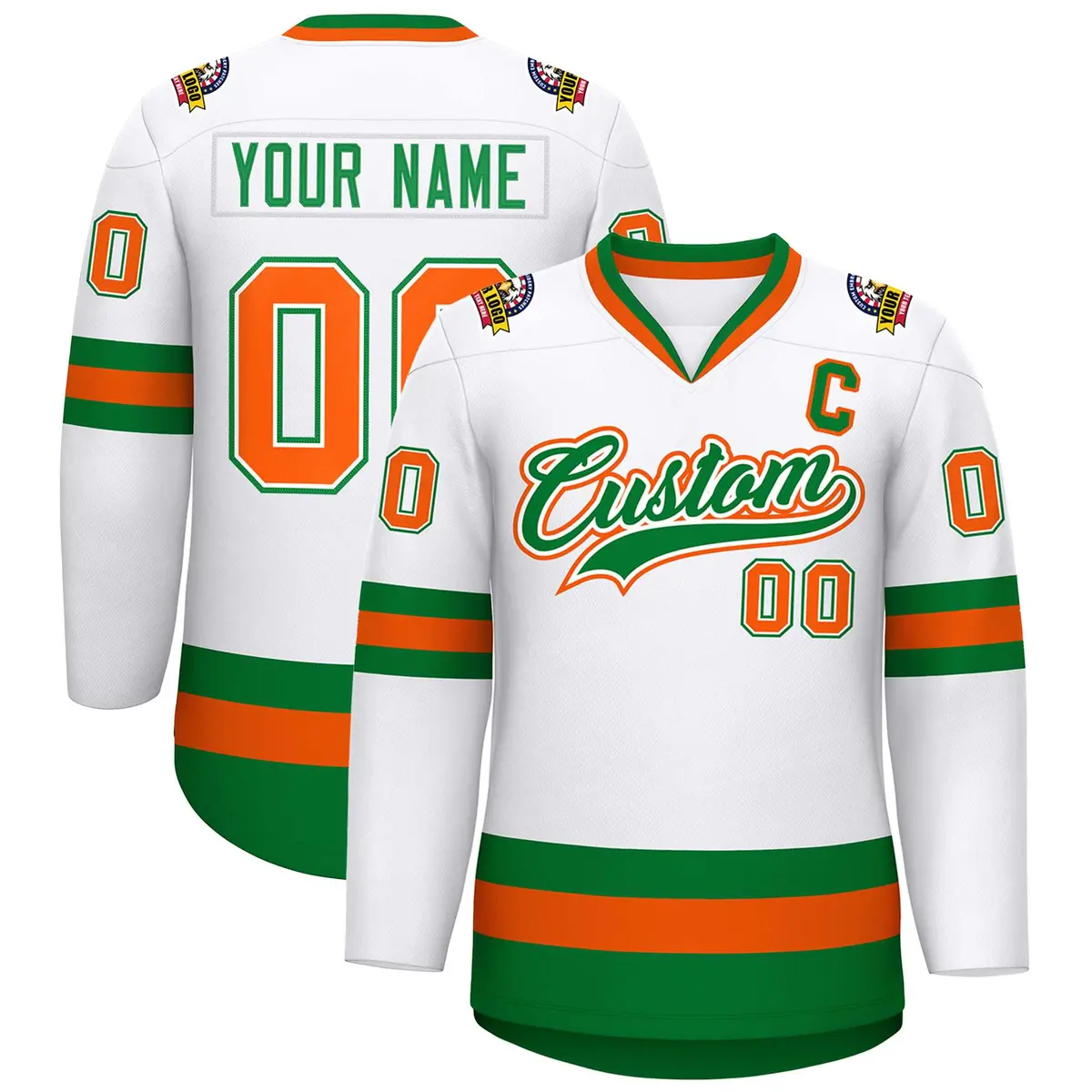 White Kelly Green White-Orange Classic Style Hockey Jersey