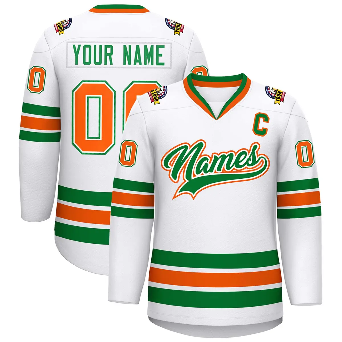 White Kelly Green White-Orange Classic Style Hockey Jersey
