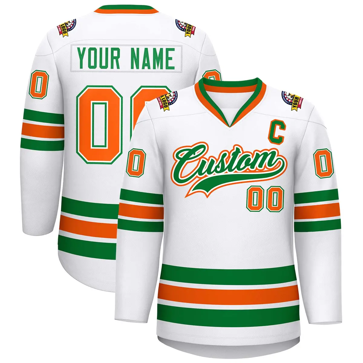 White Kelly Green White-Orange Classic Style Hockey Jersey