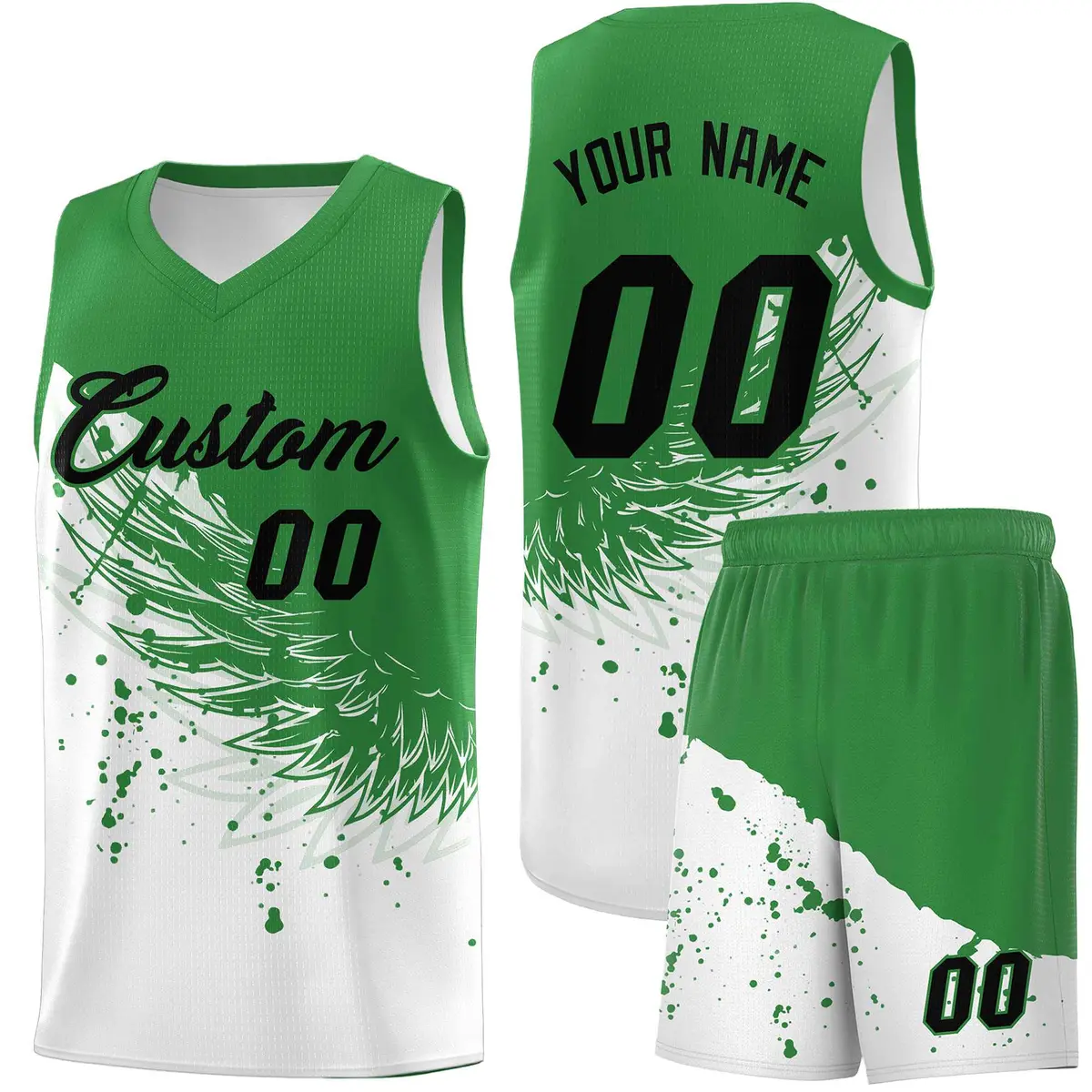 White Kelly Green Wing Pattern Basketball Jersey