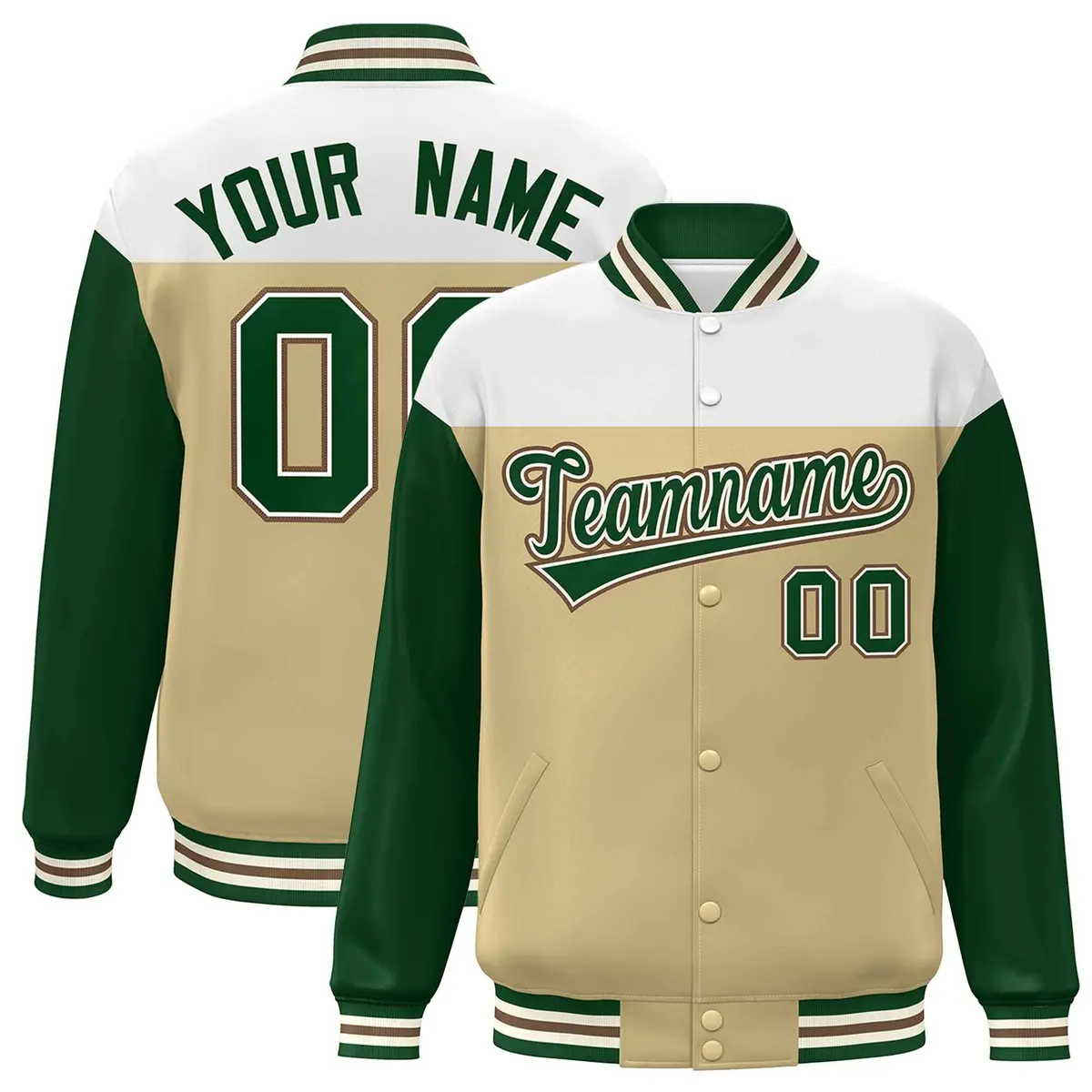 White Khaki-Green Color Block Letterman Varsity Baseball Jacket