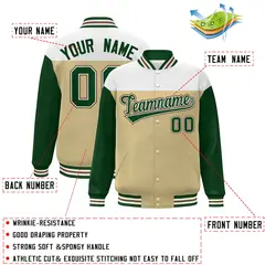 White Khaki-Green Color Block Letterman Varsity Baseball Jacket 2