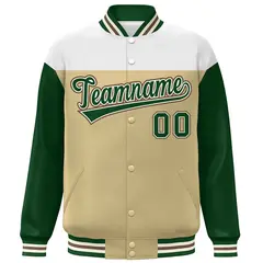 White Khaki-Green Color Block Letterman Varsity Baseball Jacket 3