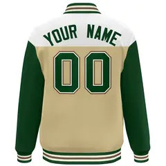 White Khaki-Green Color Block Letterman Varsity Baseball Jacket 4
