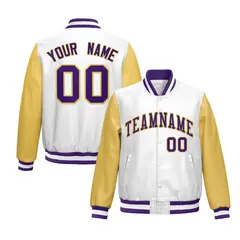 White Khaki Raglan Full-Snap Varsity Faux Leather Letterman Jacket