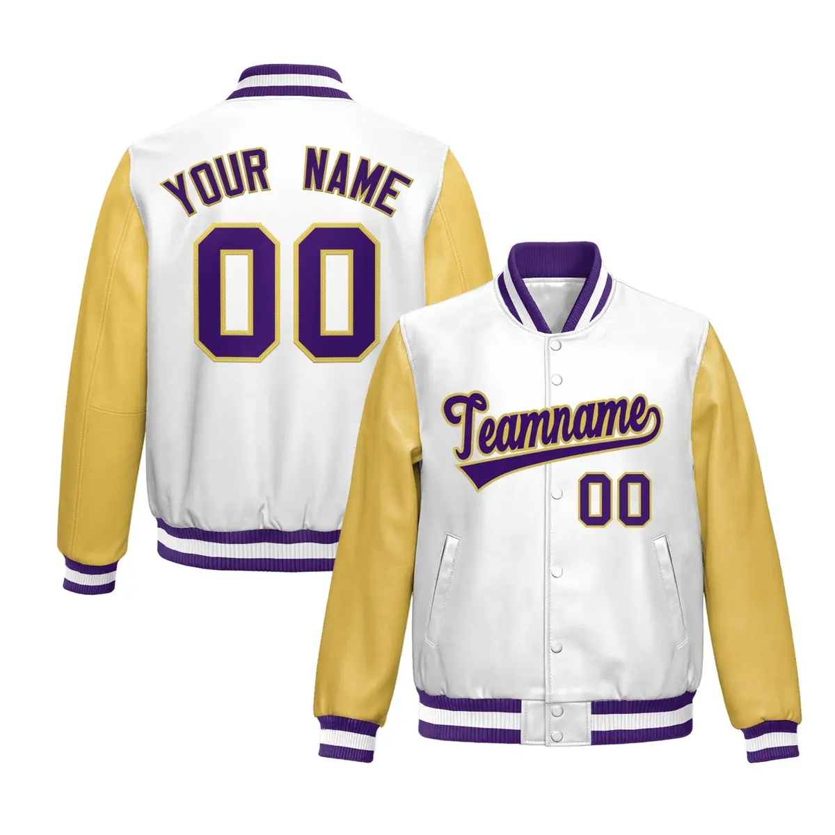 White Khaki Raglan Full-Snap Varsity Faux Leather Letterman Jacket