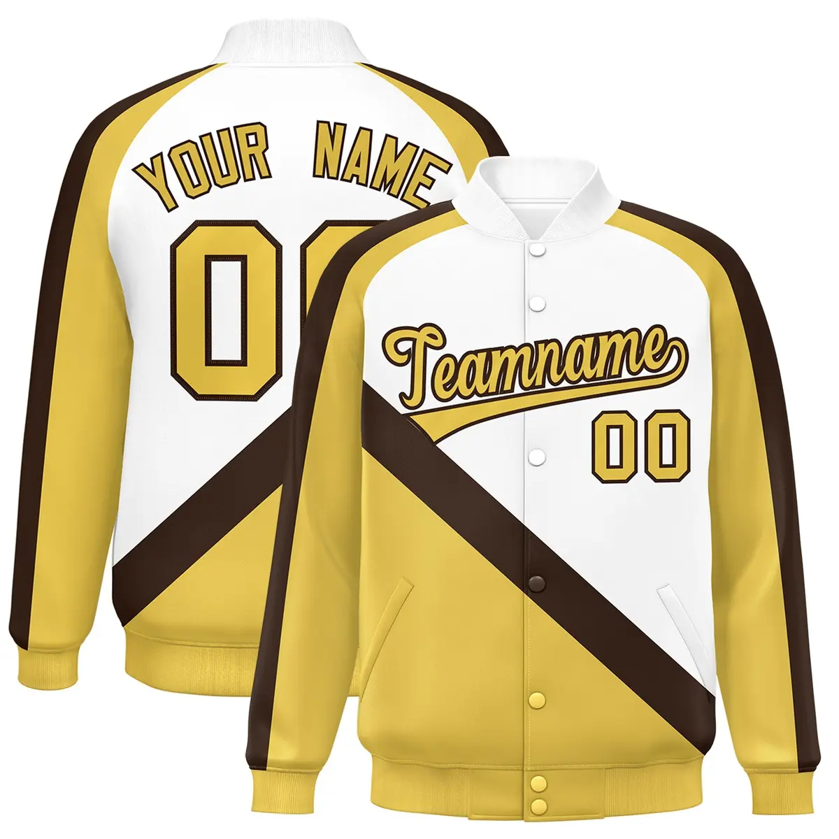 White Khaki Raglan Varsity Full-Snap Letterman Baseball Jacket