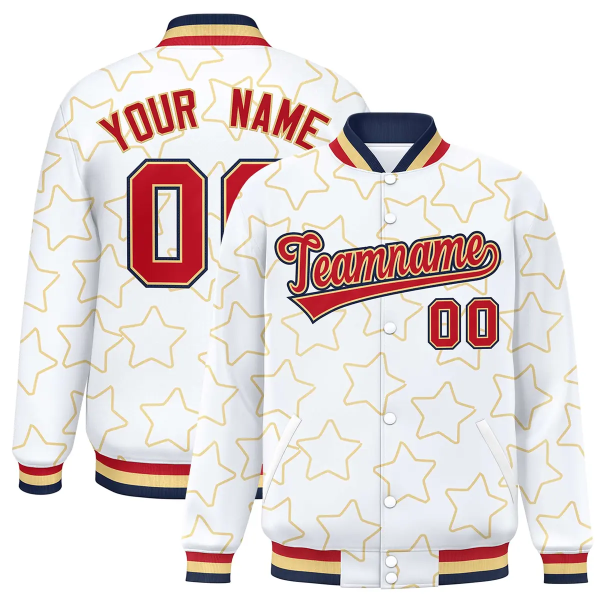 White Khaki Star Pattern Varsity Full-Snap Letterman Baseball Jacket