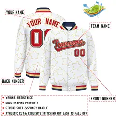 White Khaki Star Pattern Varsity Full-Snap Letterman Baseball Jacket 2