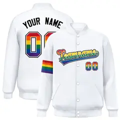White LGBT Rainbow Pride Month Letterman Baseball Jacket