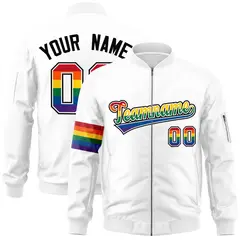 White LGBT Rainbow Pride Month Letterman Bomber Jacket