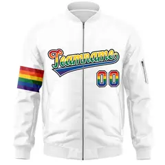 White LGBT Rainbow Pride Month Letterman Bomber Jacket 3