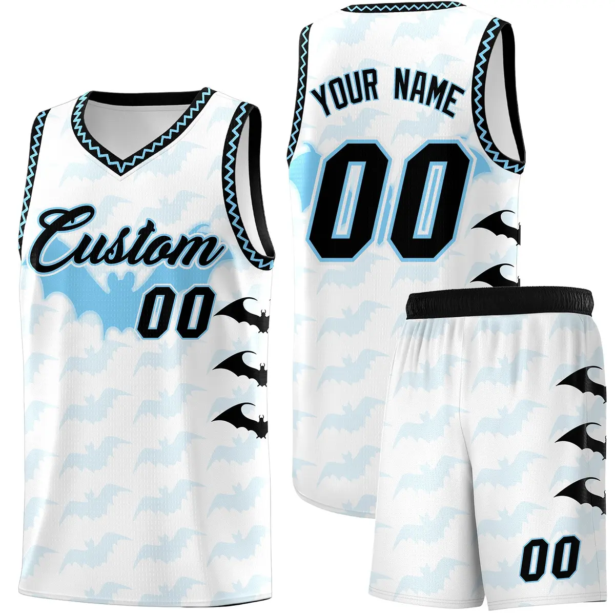 White Light Blue Bat Pattern Halloween Basketball Jersey