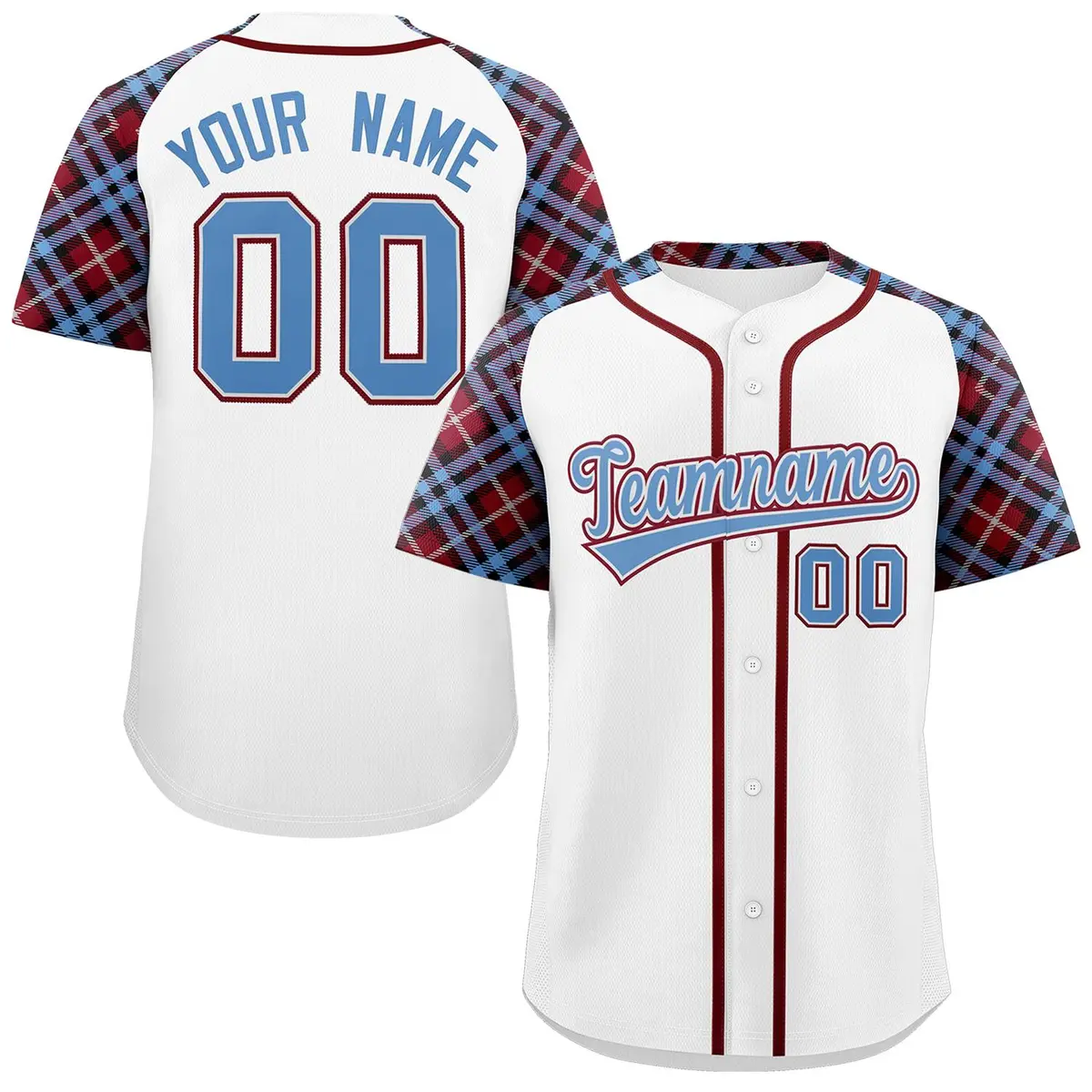 White Light Blue-Crimson Raglan Sleeves Baseball Jersey