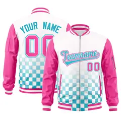 White Light Blue-Pink Grid Color Block Letterman Raglan Jacket 1