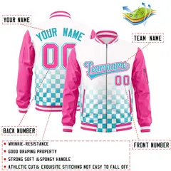 White Light Blue-Pink Grid Color Block Letterman Raglan Jacket 2