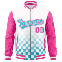 White Light Blue-Pink Grid Color Block Letterman Raglan Jacket 3